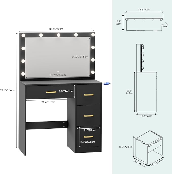 YITAHOME Vanity Desk Set with Lighted Mirror, Makeup Vanity with Power Outlets & Storage Drawers, Vanity Set with Stool