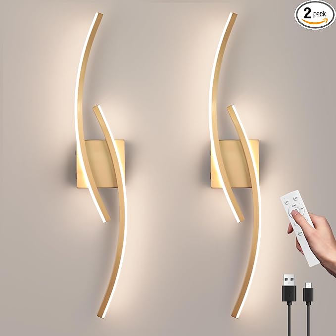 Battery Operated Wall Sconce Set of 2,Gold Wall Sconces with Remote Control,3000K-6000K Modern LED Wireless Wall Light for Living Room, Hallway, Bedroom, 39.3 Inch (2 Pack)