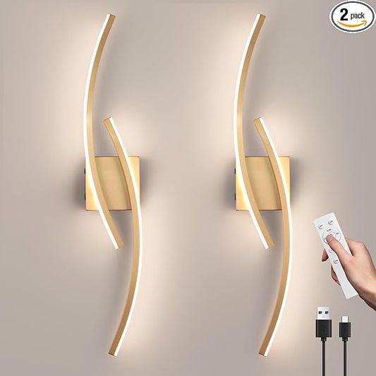 Battery Operated Wall Sconce Set of 2,Gold Wall Sconces with Remote Control,3000K-6000K Modern LED Wireless Wall Light for Living Room, Hallway, Bedroom, 39.3 Inch (2 Pack)