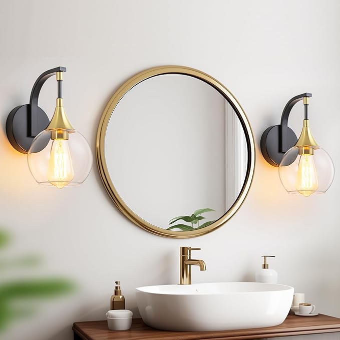 Black and Gold Wall Sconces Set of Two, Modern Wall Sconce Light with Clear Glass Shade,Indoor Wall Light Fixture Wall Lamps for Bedroom, Hallway, Bathroom
