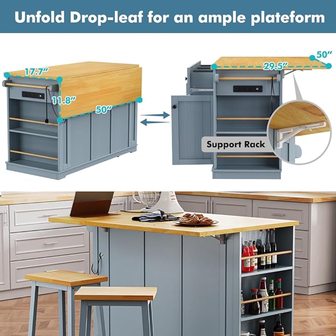 Rolling Kitchen Island with 2 Bar Stools, Kitchen Cart on Wheels with Drop Leaf, Mobile Kitchen Storage Cart with Power Outlet, 53 Inch Width (with 2 Bar Stools: Grey Blue)
