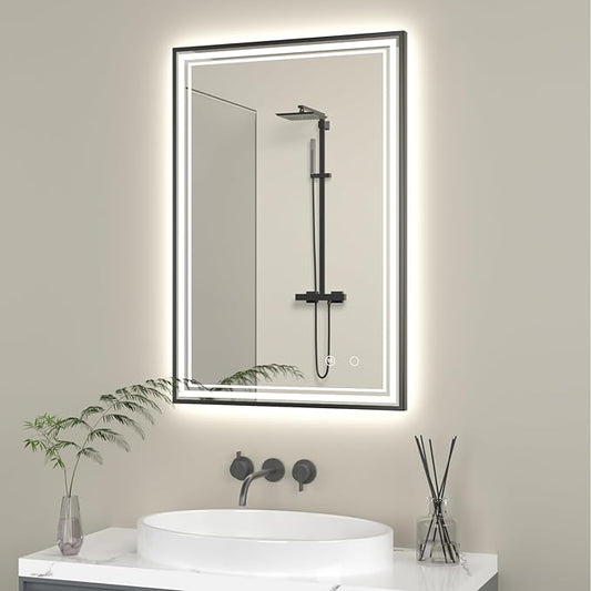 24" x 36" LED Bathroom Mirror with Lights Framed LED Mirror for Bathroom Backlit and Front Lighted Bathroom Mirror Black Square Aluminum Frame Anti-Fog Dimmable Adjustable Shatter-Proof