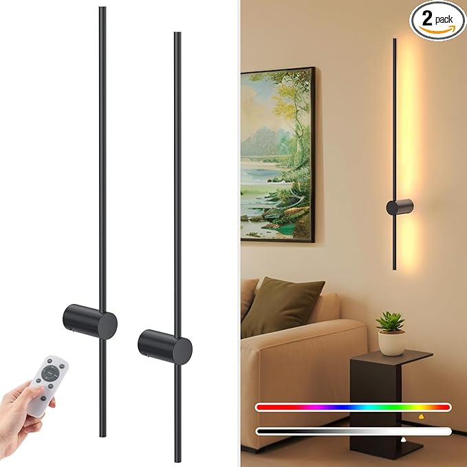 NIORSUN 35.4 Inch Battery Operated Wall Sconce Set of 2,Black Minimalist Rechargeable LED Wall Lights with Remote, 10 Colors Dimmable Wireless Wall Sconce for Living Room Bedroom Hallway