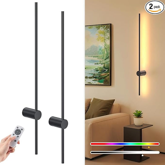 NIORSUN 35.4 Inch Battery Operated Wall Sconce Set of 2,Black Minimalist Rechargeable LED Wall Lights with Remote, 10 Colors Dimmable Wireless Wall Sconce for Living Room Bedroom Hallway
