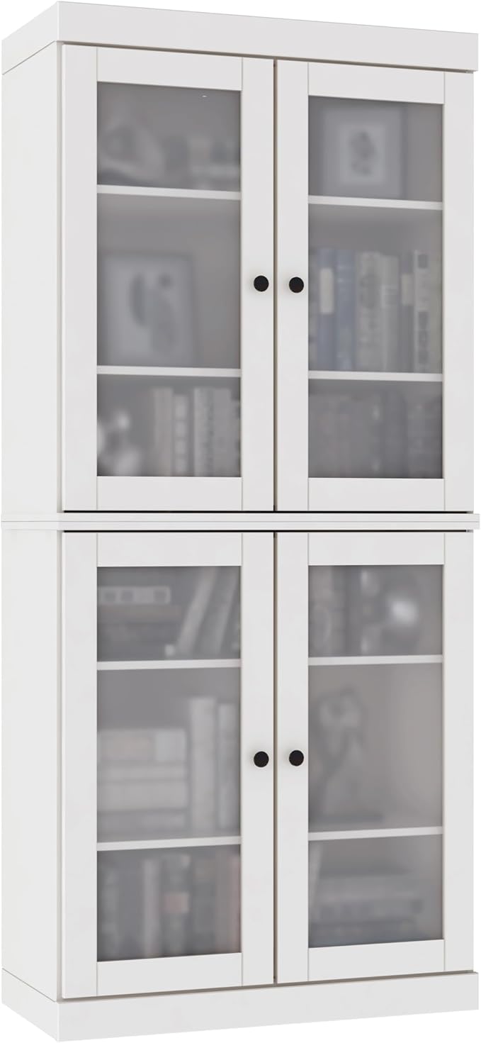 Palace Imports Solid Wood Bookcase - 6-Tier Floor Standing Bookshelf, 71.5" Tall Storage Shelf, 32” Wide - White, Frosted Glass Doors for Living Room, Renewable 100% Eco-Friendly Wood, Made in Brazil