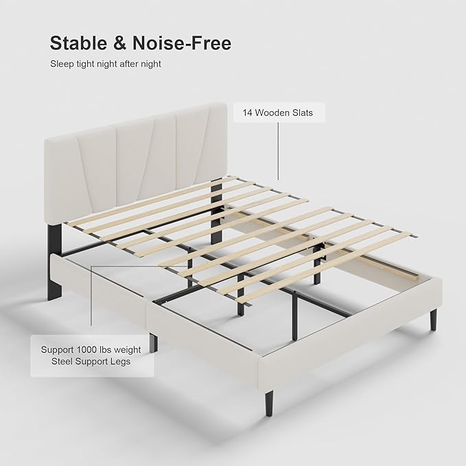 Full Size Bed Frame with Fabric Upholstered Headboard, Platform Bed with Wooden Slats Support, Fully Mattress Foundation, Box Spring Optional, Easy Assembly
