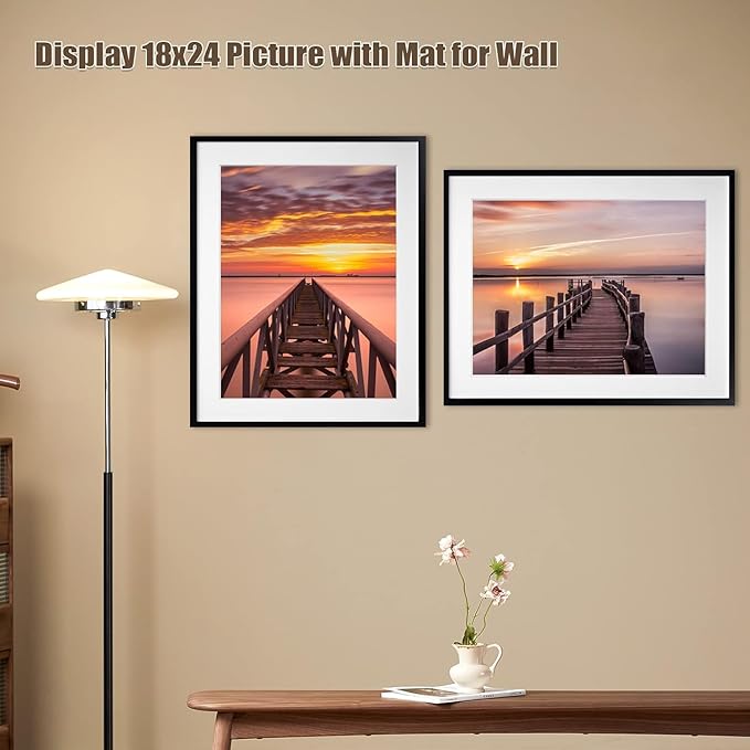 Egofine 22x28 Solid Wood Picture Frame, Made of Solid Wood Covered by Plexiglass 18x24 with Mat 22x28 without Mat, Poster Frame for Wall Mounting Hanging Photo Frame Vertically or Horizontally, Black