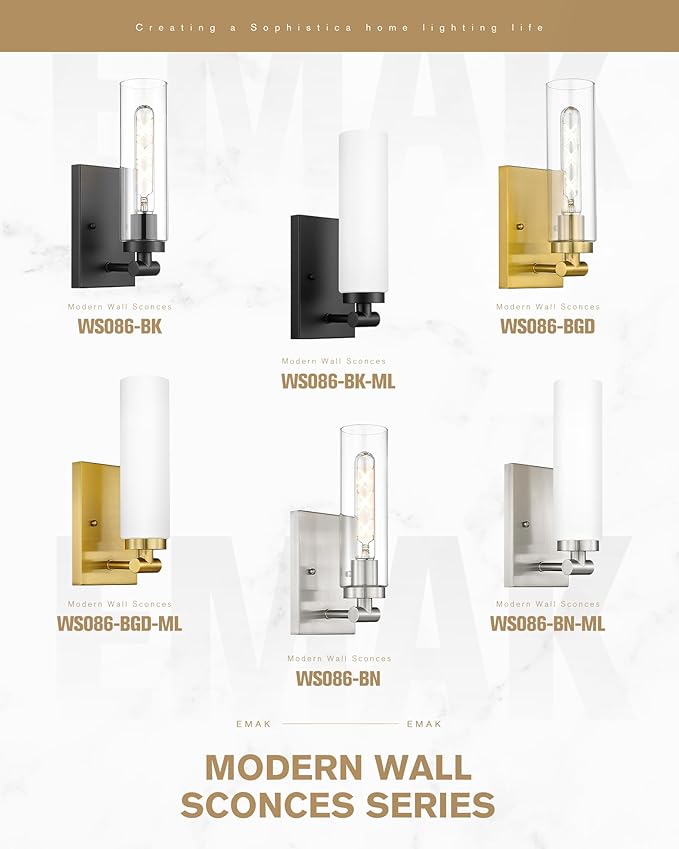 Emak Modern Wall Lights, Brushed Nickel Sconces with Clear Glass Shade, 2 Light Bathroom Vanity Light for Bathroom, Mirror, Living Room, Bedroom, Gallery, WS086-BN-CG-2PK