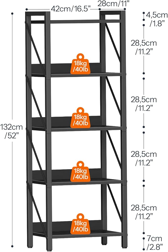HOOBRO Bookshelf, 5-Tier Industrial Bookcase, Book Shelf Storage Organizer, Tall Bookshelf with Metal Frame for Living Room, Bedroom, Home Office, Kitchen, Black BB73SJ01