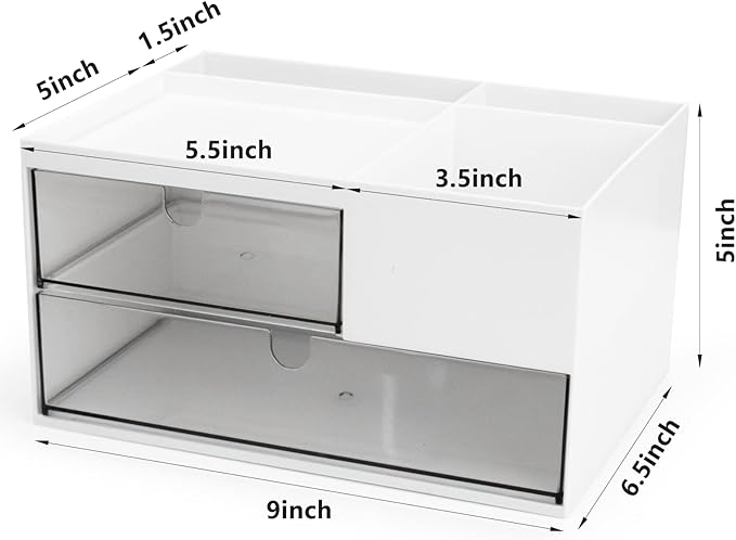 Desk Drawer Organizer, Desk Storage Box with 2 Drawers and 4 Compartments, Multifunctional Desk Accessories & Countertop Organizers for Office School Home (White