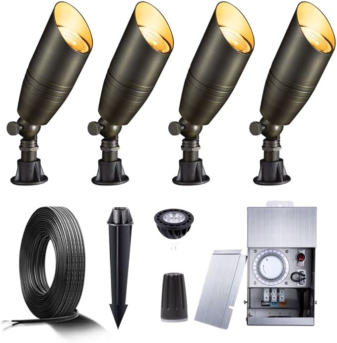 Brass Landscape Lighting Kit (4 Pack LED Spotlights) with 75W Low Voltage Transformer and Mechanical Timer and 100 Feet Cable and 20 Pack Wire Connectors for Outdoor Garden Patio