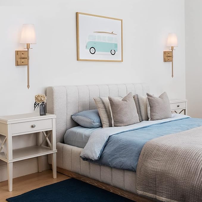 VILUXY Modern Wall Sconces Antique Brass Brush Paint Finish Bedside Wall Sconce Lighting Fixture with White Fabric Shade for Bedroom, Hallway, Entryway, Passway, Bathroom, Vanity 2 Pack