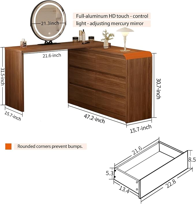 Makeup Vanity Desk with Full Aluminum HD Lighted Mirror, 50-90in Extendable Modern Dressing Table, 6-Drawer Storage Cabinet with Rounded Anti-Collision Corners, Bedroom Vanity, Brown