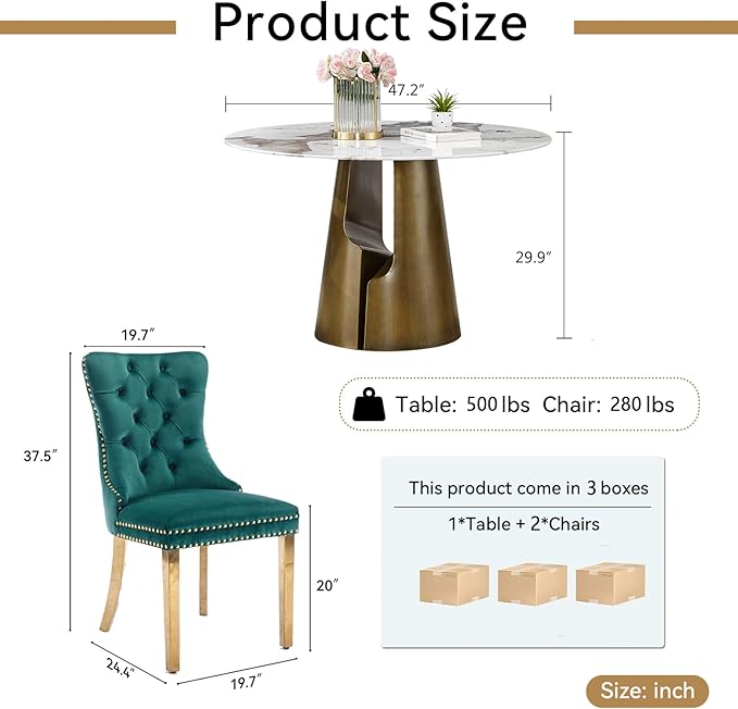3-Piece Faux Marble Round Dining Table Set for 2, Modern Luxury Kitchen Table Set for 2 with Green Tufted Chairs,Circle Dining Tables with Pandora Grain Top and Bronze Pedestal Base