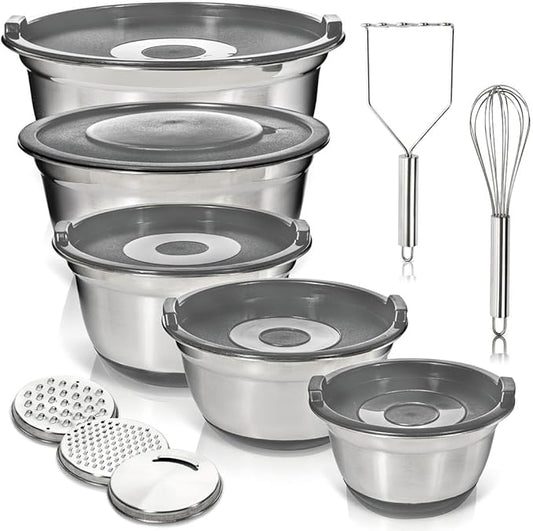WHYSKO Stainless Steel Mixing Bowls with Lids Set - 5 Rustproof Metal Nesting Mixing Bowls for Kitchen, Meal Prep, Baking, Cooking, Storage - Includes 3 Grater Attachments, Dishwasher Safe