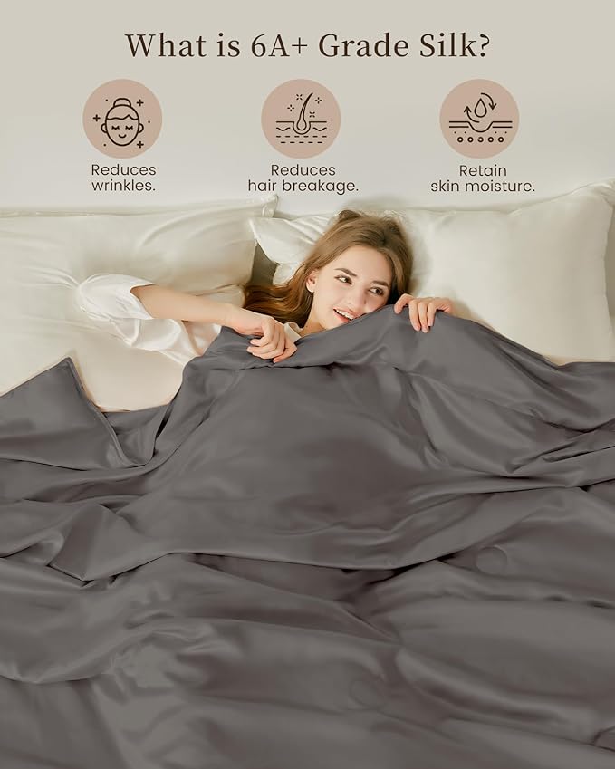 THXSILK Silk Blanket, 100% Mulberry Silk Cooling Throw, Soft and Lightweight Blanket for Bedroom, Sofa, Travel, All-Season (Charcoal, Queen)