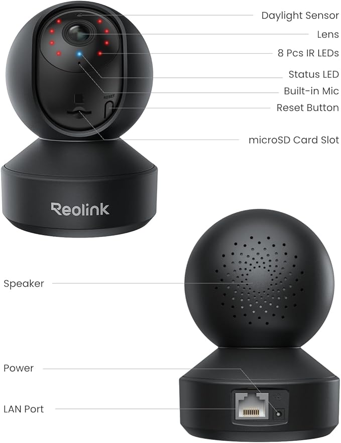 REOLINK E1 Pro(Black) 3K PT Wi-Fi Indoor Camera for Baby & Pet Monitoring, Auto Tracking, 5MP Night Vision Enhanced by F1.6 Aperture, Person/Pet/Baby Crying Detection, 2.4/5GHz Wi-Fi, Two-Way Audio