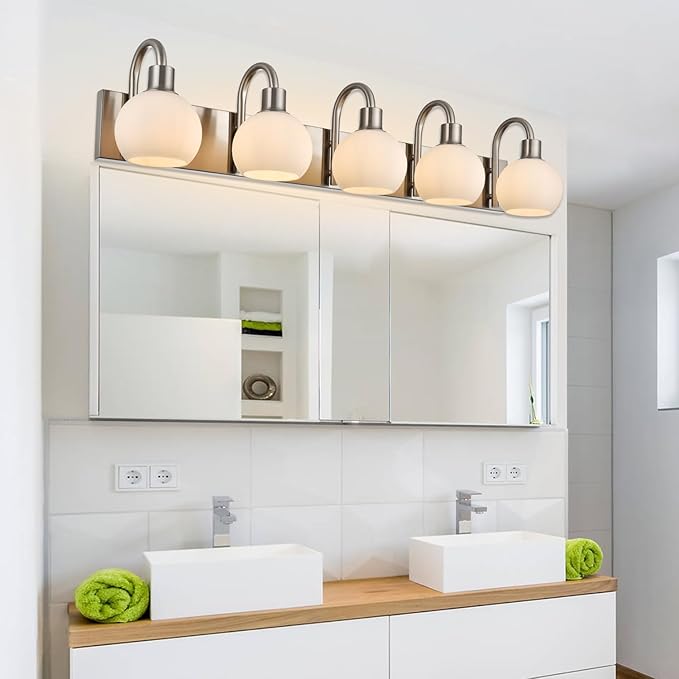 37 Inch Bathroom Light Fixtures, 5-Lights Modern Brushed Nickel Vanity Lighting with Milk White Globe Glass Shade, Bath Wall Mount Sconces for Over Mirror Kitchen