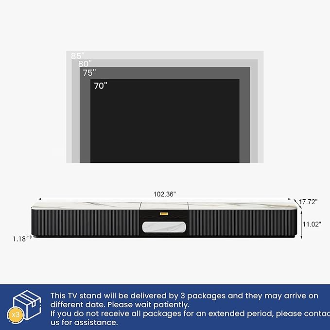 POVISON Fully-Assembled Modern TV Stand for Projector, Sintered Stone Entertainment Center with Storage for 85 inch TV, Wood TV Console, Media Console for Living Room Bedroom