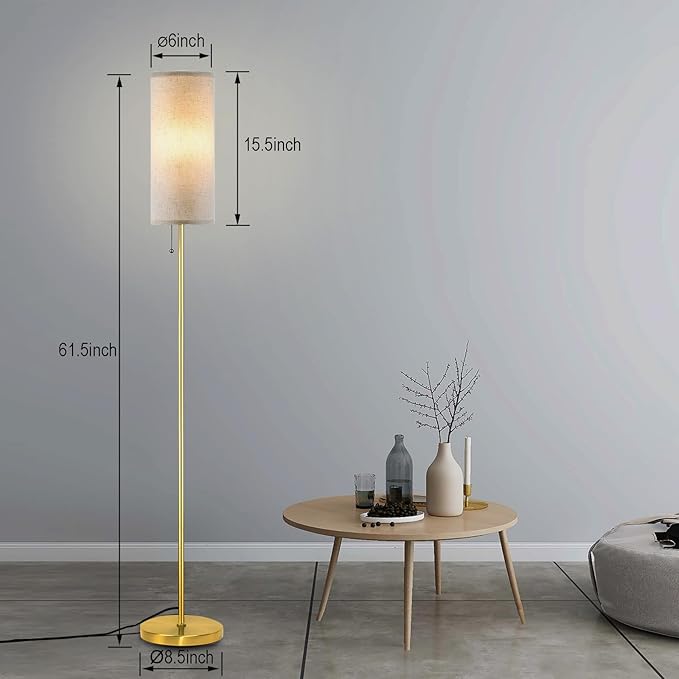 Floor Lamp for Living Room, Modern Standing Lamps with Lampshade, Minimalist Tall Lamp with Chain Switch for Living Room, LED Bulb Included (Beige+Gold)