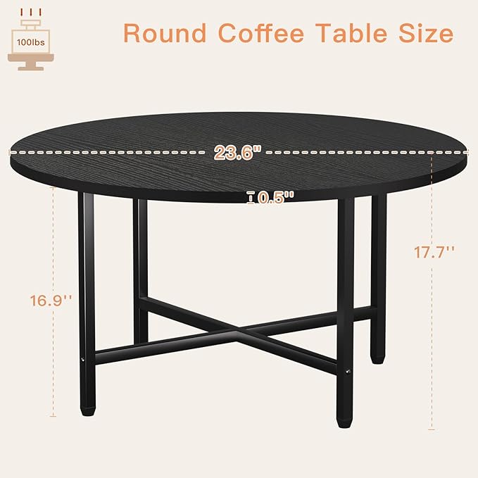 Coffee Table, 23.6" Coffee Tables for Living Room, Round Coffee Table with Metal Frame, Floor Table for Sitting on The Floor, Home, Office, Black