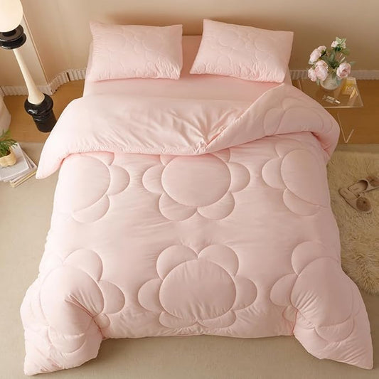 CLOTHKNOW Pink Queen Comforter Sets Daisy Puff Bedding Comforter Sets Soft Floral Queen Comforter Pink Comforter with 2 x Pillow Cases
