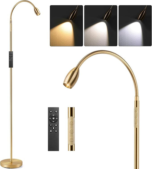 Reading Floor Lamp, 72" Tall LED Lamp with Flexible Gooseneck, Dimmable Zoomable Spotlight, Adjustable Color Beam Standing Lamp, Touch & Remote Control, Task Craft Bedroom Living Room (Antique Brass)
