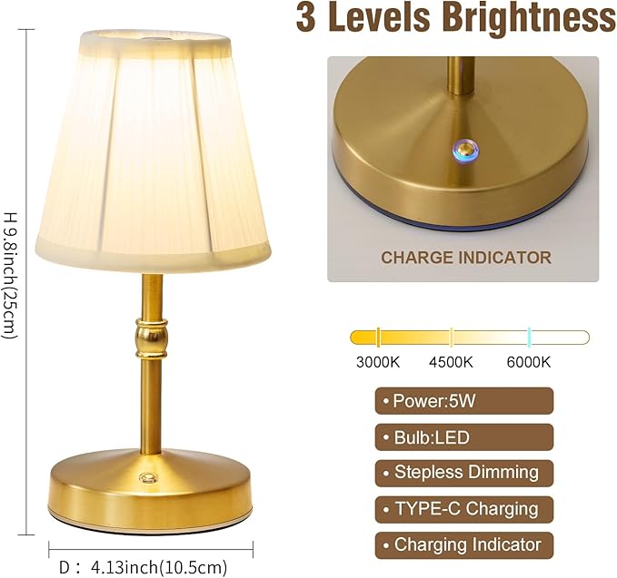 5w Led Cordless Mini Lamps,3000 mah Battery Operated Lamp,3 Color Temperature Dimmable Table Lamp,Gold Rechargeable Table Lamp Fabric,Aesthetic Small kitchen Lamp for Counter,Restaurant,Bar,H9.8"