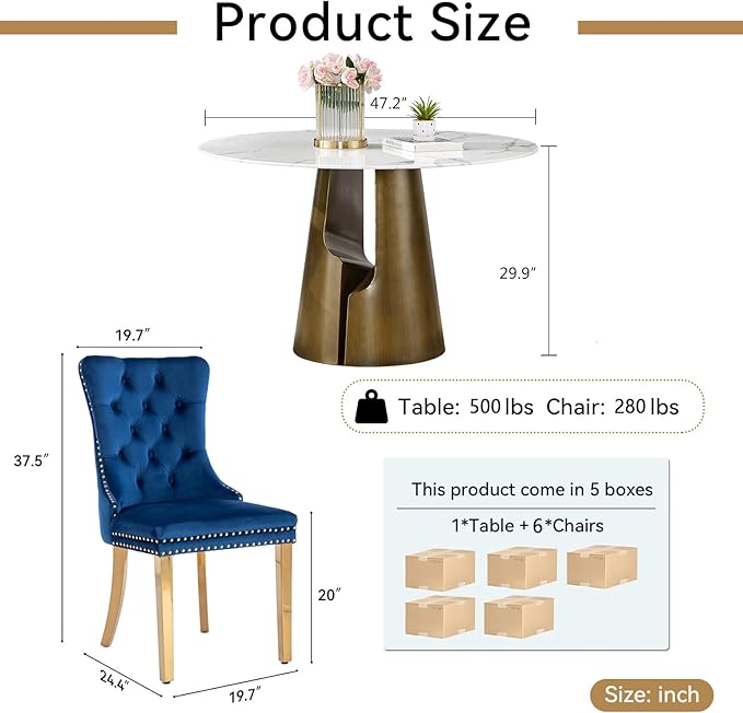 7-Piece Faux Marble Round Dining Table Set for 6, Modern Luxury Kitchen Table Set for 6 with Blue Tufted Chairs,Circle Dining Tables with White Marble Grain Top and Bronze Pedestal Base