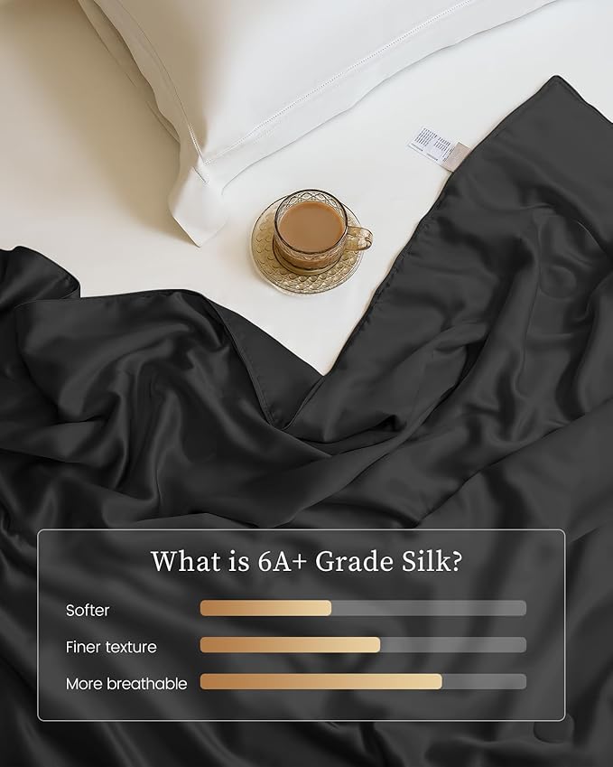 THXSILK Silk Blanket, 100% Mulberry Silk Cooling Throw, Soft and Lightweight Blanket for Bedroom, Sofa, Travel, All-Season (Black, Queen)