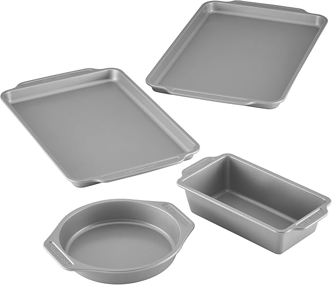 Farberware Steel Nonstick Baking, Includes Cookie, Loaf/Meatloaf, Cake Pan, 4 Piece Non Stick Bakeware Set, Gray