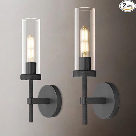 Black Wall Sconces Set of Two, 14" Bathroom Vanity Sconce Light, Glass Tube Wall Sconces, Sconces Wall Lighting Indoors, Wall Lights for Mirror, Living Room, Bedroom, Hallway (including bulb)