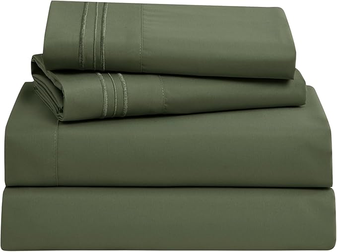 Clara Clark Bed Sheets, Premier 1800 Series Bed Sheet Set, Deep Pocket, Wrinkle, Fade, Stain Resistant, Luxury Soft Bedding Sheets & Pillowcases, Full, Olive Green