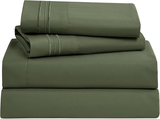 Clara Clark Bed Sheets, Premier 1800 Series Bed Sheet Set, Deep Pocket, Wrinkle, Fade, Stain Resistant, Luxury Soft Bedding Sheets & Pillowcases, Full, Olive Green