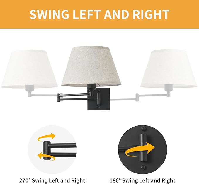 Battery Operated Wall Sconces Set of Two with Remote Control, Rechargeable Cordless Swing Arm Wall Lamp, Dimmable/3 Colors/9 RGB/Night Light/Timer, Black Wireless Wall Sconces, No Hardwired