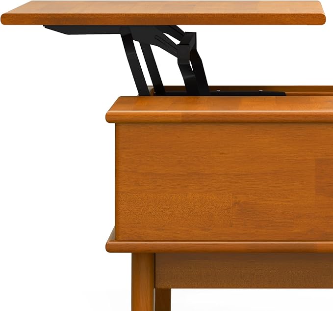 SIMPLIHOME Draper Lift Top Coffee Table - 48 inch Wide Solid Hardwood Mid-Century Modern Cocktail Table in Teak Brown, Functional Living Room Table with Storage Compartment, Open Shelf and Angled Legs