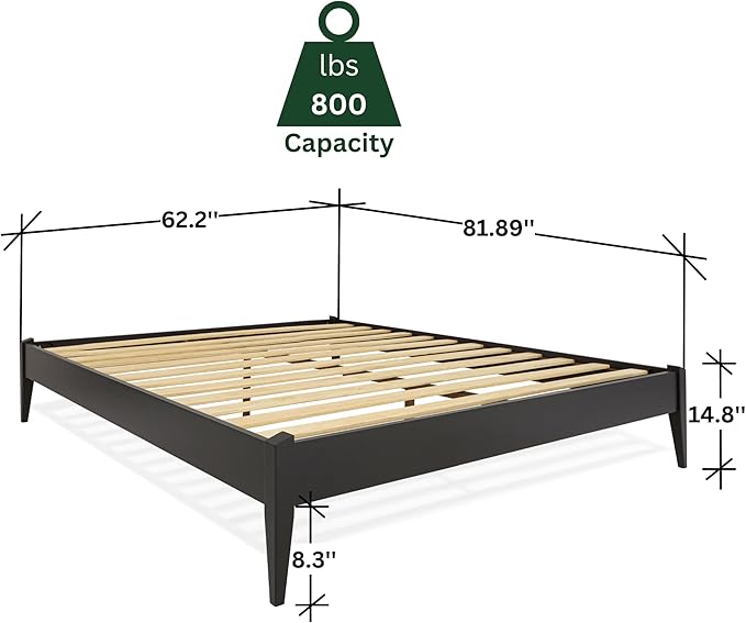 Bme Dinkee Queen Platform Bed Frame Wood 15 Inch - Solid Wood Bed Frame - Modern & Minimalist Style - 12 Strong Wood Slat Support - Easy Assembly - No Box Spring Needed - Black