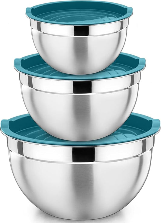 P&P CHEF Blue Mixing Bowls with Lids, Set of 3, Stainless Steel Salad Nesting Bowl for Mixing, Storing, Prepping, Airtight & Stackable, Size 4.6/3 /1.5 QT