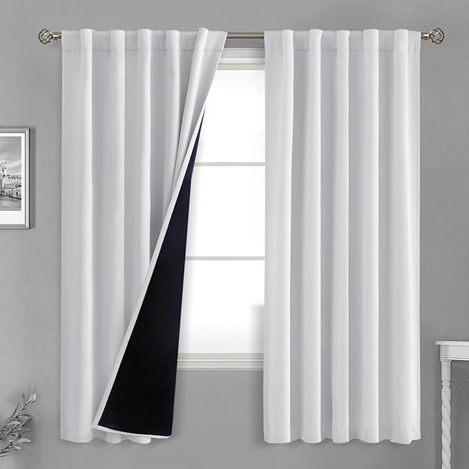BGment Greyish White 100% Blackout Curtains 72 Inches Long with Noise-reducing Liner, Rod Pocket and Back Tab Double Layer Room Darkening Window Curtains for Bedroom, 2 Panels, Each 42 x 72 Inch