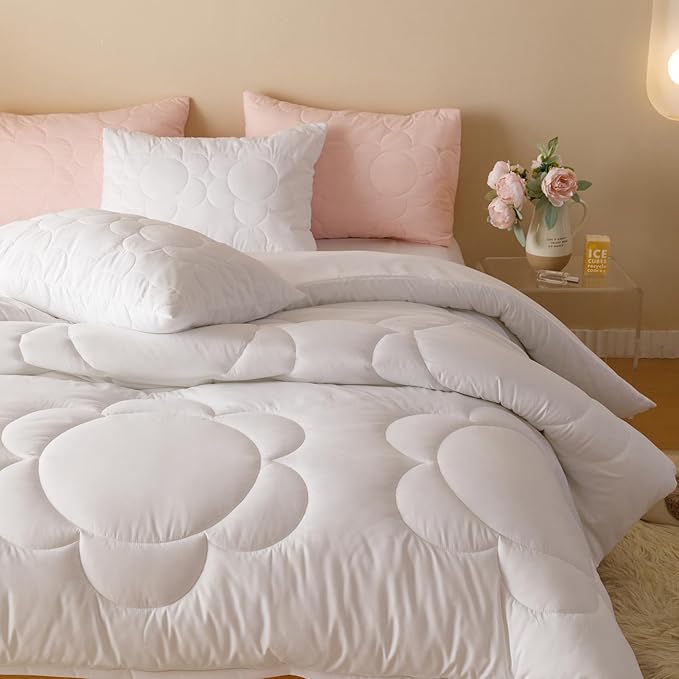 Luxlovery White Sunflower Comforter Set King Boho Floral Farmhouse Bedding Comforter Set King Size Elegant Big Flower Printed Soft Breathable Bohemian Comforter