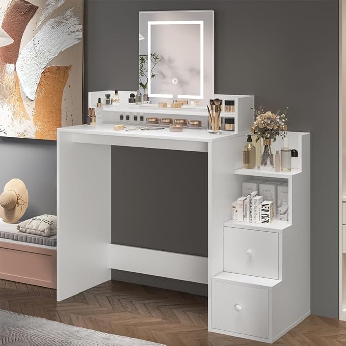 Vanity Desk with Mirror and Lights, Makeup Vanity Desk with Lights 3 Colors, Vanity Table with 2-Tier Shelves, Modern White Dressing Table for Bedroom