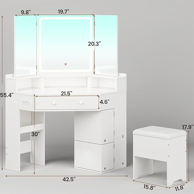 Vanity Desk with Tri-Fold Mirror and Lights, Storage Stool, Corner Makeup Vanities with Drawers & Power Outlet, 3 Light Settings, Dimmable for Bedroom, Women Girls, White
