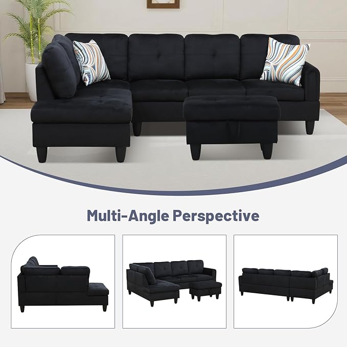 L-Shape 3-Piece Cloud Sofa, Couch for Living Room, BlackFlannel Fabric L-Shape with Reversible Chaise & Storage Ottoman, Ergonomic 110–115° Recline, Solid-Wood Frame