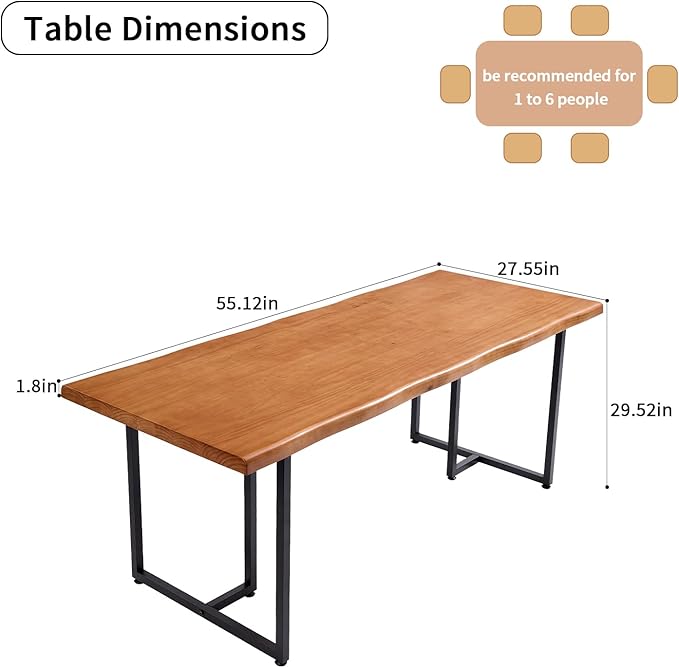 Solid Wood Administrative Desk, Dining Table with Durable Metal Legs, Uniquely Designed Leisure Table, Perfect for Restaurants and Home Offices, (Wood Brown, 55.12in)