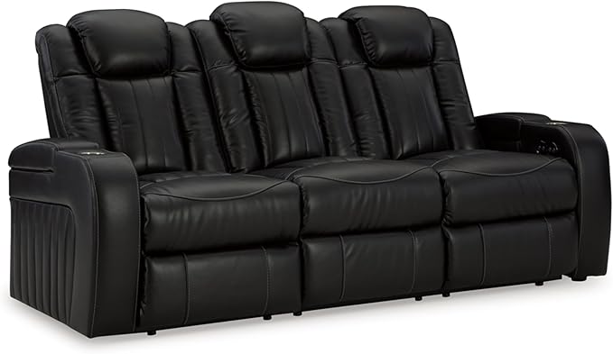 Signature Design by Ashley Caveman Den Modern Faux Leather Power Reclining Sofa with Adjustable Headrest, Drop Down Table, Electrical Outlets and LED Reading Lights, Black