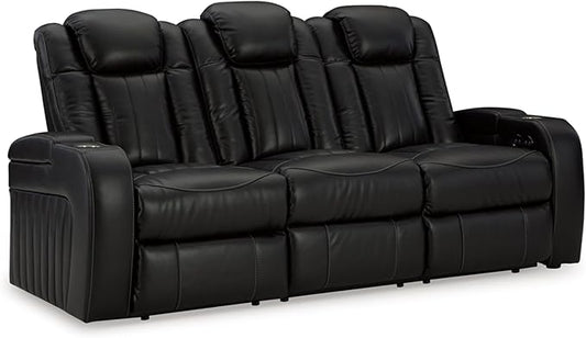 Signature Design by Ashley Caveman Den Modern Faux Leather Power Reclining Sofa with Adjustable Headrest, Drop Down Table, Electrical Outlets and LED Reading Lights, Black