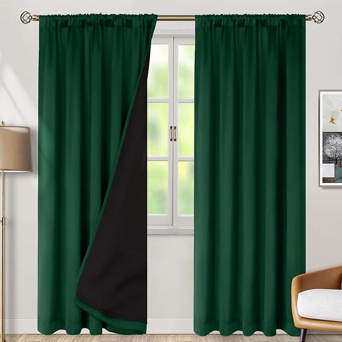 BGment 100% Thermal Insulated Blackout Curtains 95 Inches Long with Liner, Rod Pocket and Back Tab Double Layer Noise Reduce Room Darkening Curtains for Bedroom (52 x 95 Inch, 2 Panels, Emerald)