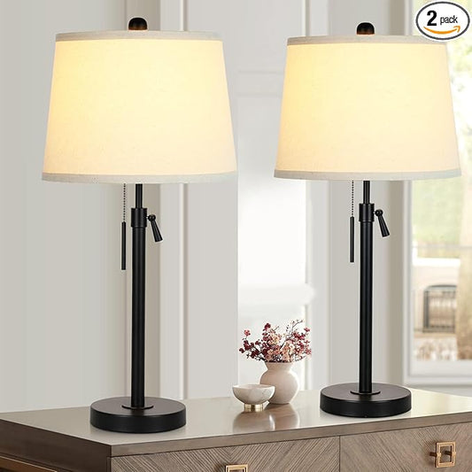 Bedside Table Lamps Set of 2: Tall Black Table Lamps for Living Room End Table | Height Adjustable 3-Way Dimmable Nightstand Lamp with Pull Chain Switch Modern Lamps for Bedroom Office(Bulbs Included)
