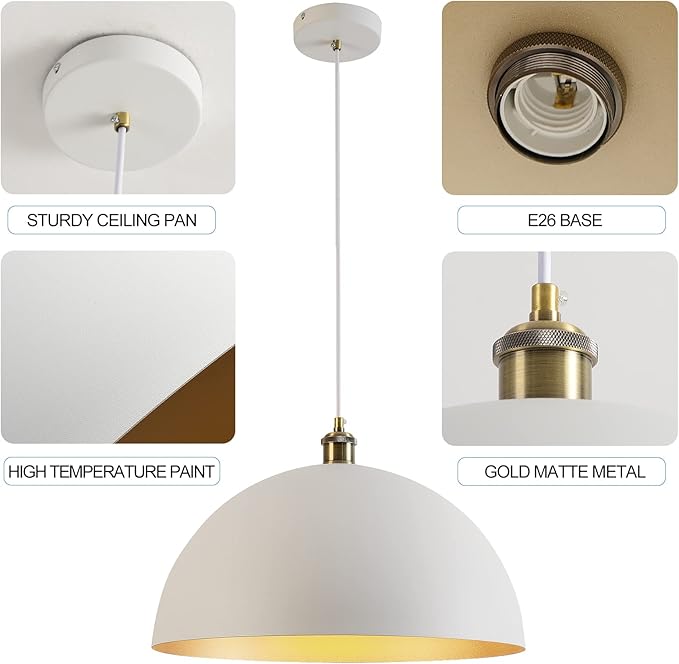 Modern Pendant Light,Farmhouse pendant light 17.72 "Farmhouse pendant light Industrial Large Dome Chandelier White and gold finish lighting fixture line length 78.74" Kitchen island, bedroom