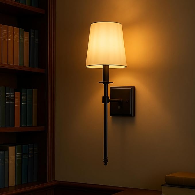 Wall Sconces Sets of 2, Retro Industrial Wall Lamps, Hardwired Bathroom Vanity Sconces Wall Lighting with White Fabric Shade, Indoor Wall Lights for Bedroom Living Room Corridor Black